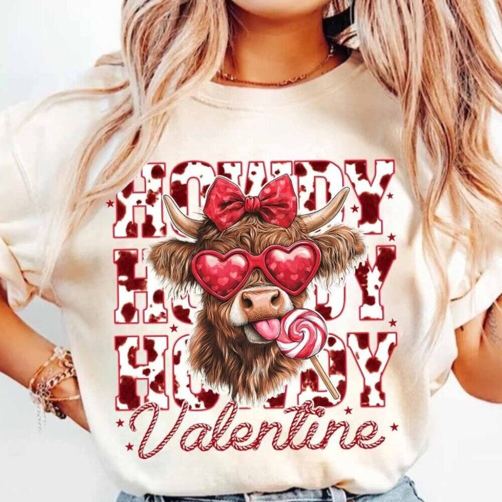 Highland Cow Shirt Howdy Valentine Coquette Shirt Valentines Day Shirt - Picture 1 of 4